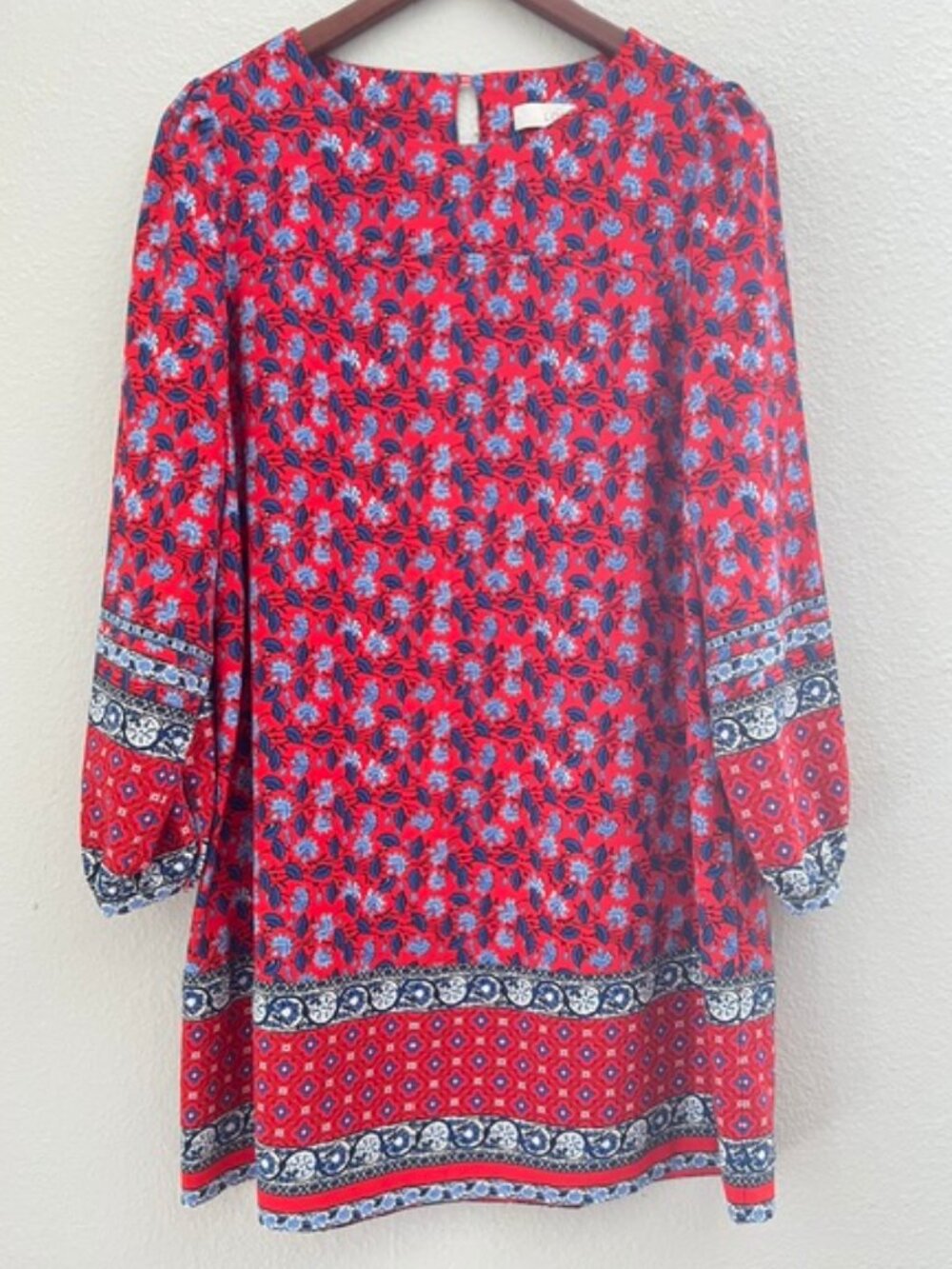 Loft Perite Tunic Dress Women red Blue white Floral Long Sleeve Belted Sz MP